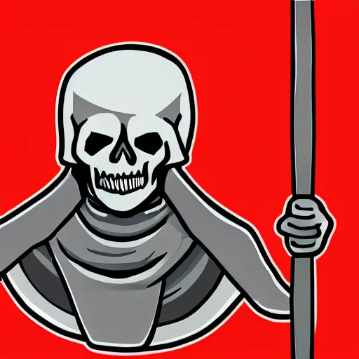 Prompt: a sticker illustration of a man with a skull head in a grey cloak holding his black spear up to the sky, Digital art