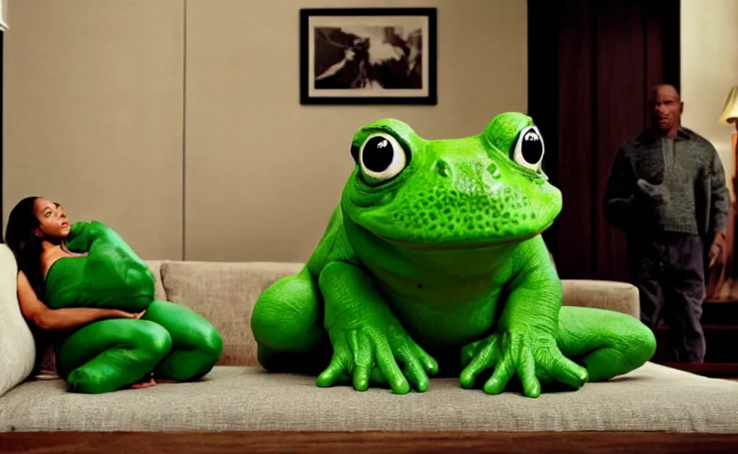 Prompt: a giant green toad sitting with mike tyson in a large clean hotel room, on a couch, movie directed by martin scorsese and christopher nolan, masterpiece, 8 h