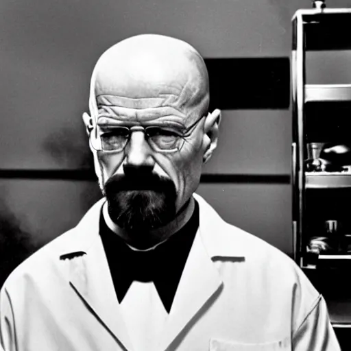 Prompt: walter white heisenberg cooking meth as a nazi scientist whiye uniform black and white photo