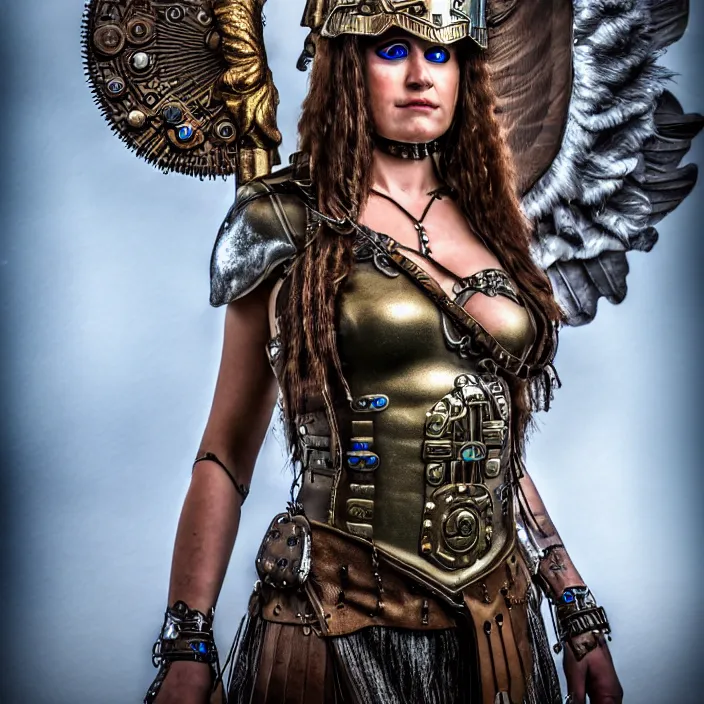 Prompt: full length photo of a very beautiful!! clockpunk valkyrie, highly detailed, 4 k, hdr, smooth, sharp focus, high resolution, award - winning photo