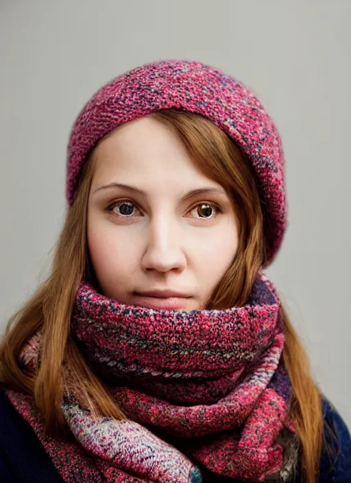 Prompt: portrait of a 2 3 year old woman, symmetrical face, scarf, hat, she has the beautiful calm face of her mother, slightly smiling, ambient light