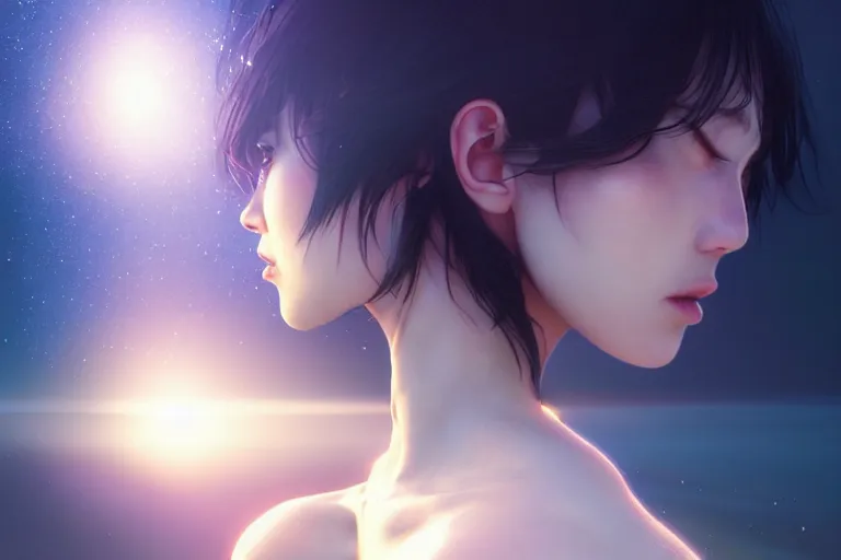 Image similar to a dreaming dreamer floating on the space, full body, occlusion shadow, specular reflection, rim light, unreal engine, octane render, artgerm, artstation, art by hiroaki samura, high quality, intricate detailed 8 k, dreamy illustration, extremely beautiful and aesthetic shape of face and body, movie poster