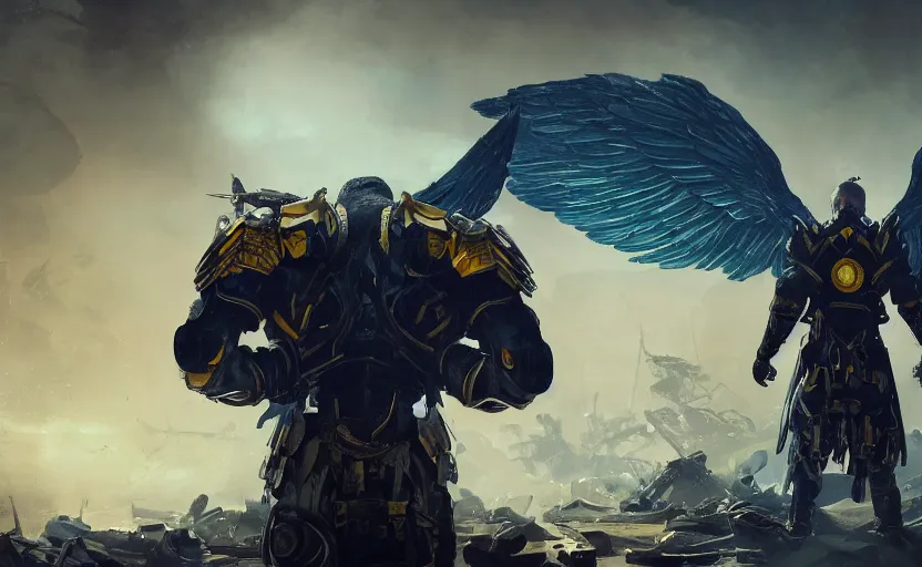 Image similar to A cinematic shot from behind, military super soldier with angel wings with a blue and yellow flag behind him is standing on a pile of skulls in triumph, concept art, сinematic lighting, insanely detailed, smooth, sharp focus, Artstation, 8k, unreal engine, hyper realistic, steampunk style, bright background, moonlight, volumetric lighting, wallpaper, digital illustration by Ruan Jia and Mandy Jurgens and Artgerm and Wayne Barlowe and Greg Rutkowski and Zdislav Beksinski