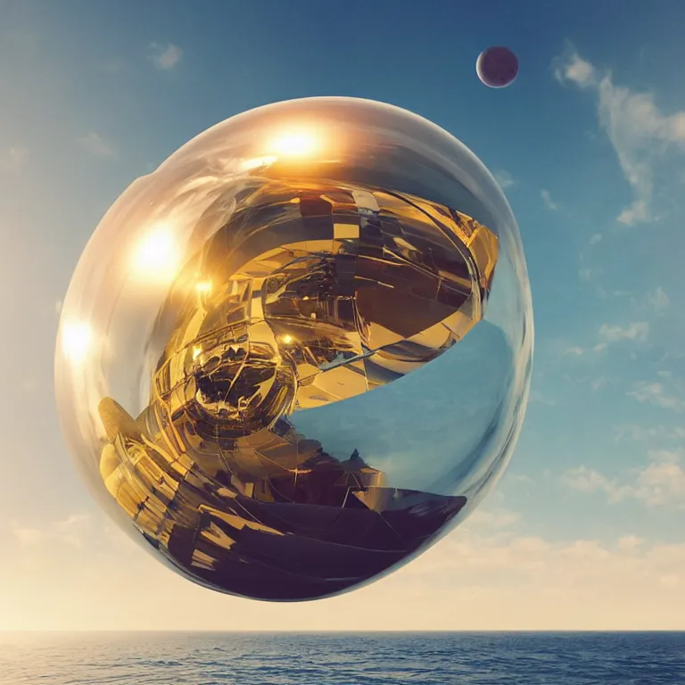 Image similar to a reflective golden eco sphere and torus in the sky over the ocean by beeple