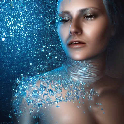 Image similar to a highly detailed digital image of a futuristic woman elegantly wrapped with silver leaves and blue ice cubes, by Andrea Chiampo, artstation and Frederik Heyman, extremely detailed woman, stunning volumetric lighting, hyper realism, fantasy 4k