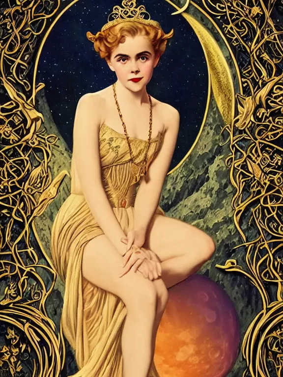 Prompt: kiernan shipka as the magic goddess Of the moon and witchcraft and satanism, a beautiful art nouveau portrait by Gil elvgren, moonlit New England forest environment, centered composition, defined features, golden ratio, intricate gold jewlery and black lace