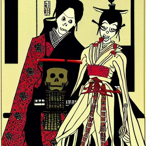 Image similar to portrait of a skeleton samurai and his beautiful Japanese wife by Toshio Saeki, high detailed