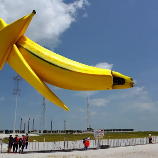 Prompt: a banana rocket on launch padat nasa's kennedy space center ( ksc ) in florida