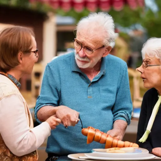 Image similar to a movie still from the antiques roadshow, old people discussing a priceless hot dog, uhd, 8k,