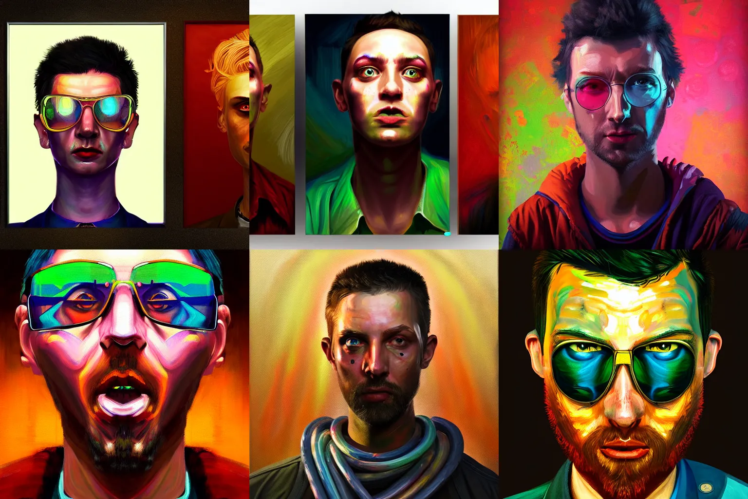 Prompt: a vibrant painting, portrait, disco elysium style, Aleksander Rostov, unusual face expression