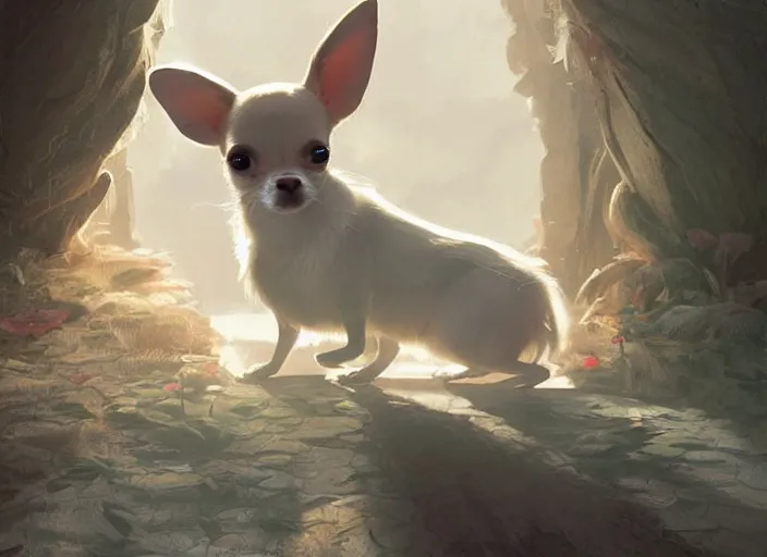 Prompt: a key shot of chihuahua looking at bunny animation at mid-day, medium shot, waist up, studio Ghibli, Pixar and Disney animation, sharp, key art by Greg Rutkowski, dramatic lighting, flat texture