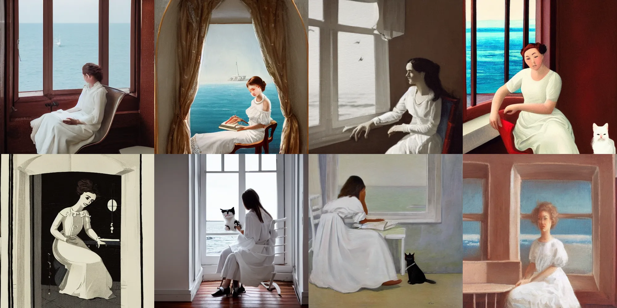 Prompt: a woman in a white dress sitting on chair and a cat on her lap in a white room in vanice, there is a window to a ship on the sea.