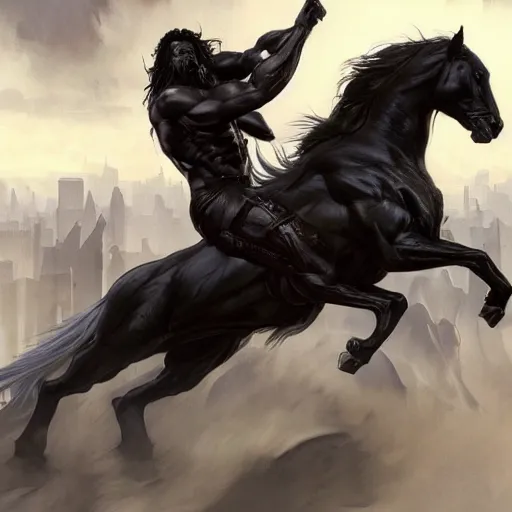 Image similar to splash art of a huge muscular black - coated anthropomorphic horse character with long white hair wearing tactical kevlar fabric, exaggerated muscle physique, highly detailed, furry, furaffinity, digital painting, artstation, sharp focus, illustration, art by artgerm, greg rutkowski, alphonse mucha