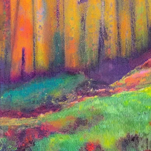 Prompt: cozy meadow at the base of a mountain. Vibrant. Bright harmonic color tone with cascading disposition. Mimicking impressionist light. Oil on vellum.