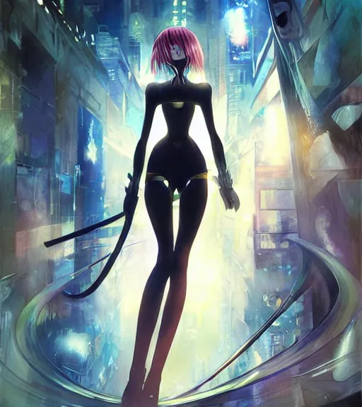 Image similar to stephan martiniere painting of an anime woman, direct flash photography at night, film grain