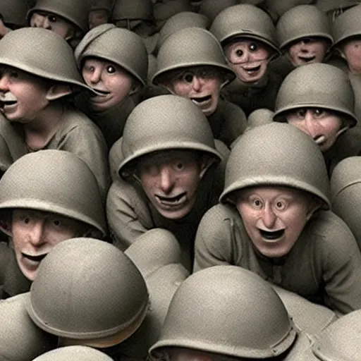 Prompt: Minions suffering from shell shock in the world war 2 trenches, colorized, cinematic lighting, realistic, award winning photograph