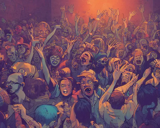 Image similar to a study of cell shaded cartoon of zombies raving in a nightclub, illustration, wide shot, subtle colors, post grunge, concept art by josan gonzales and wlop, by james jean, Victo ngai, David Rubín, Mike Mignola, Laurie Greasley, highly detailed, sharp focus, alien, Trending on Artstation, HQ, deviantart, art by artgem