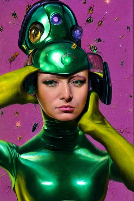 Prompt: portrait, headshot, pulp illustration, of beautiful lady alien extraterrestrial with iridescent faceted bug eyes, yellow feathered antennae coming out of her head, dark green and yellow mottled skin, sexy skintight pink and silver spacesuit, scifi, futuristic, realistic, hyperdetailed, chiaroscuro, concept art, art by gil elvgren and glen orbik