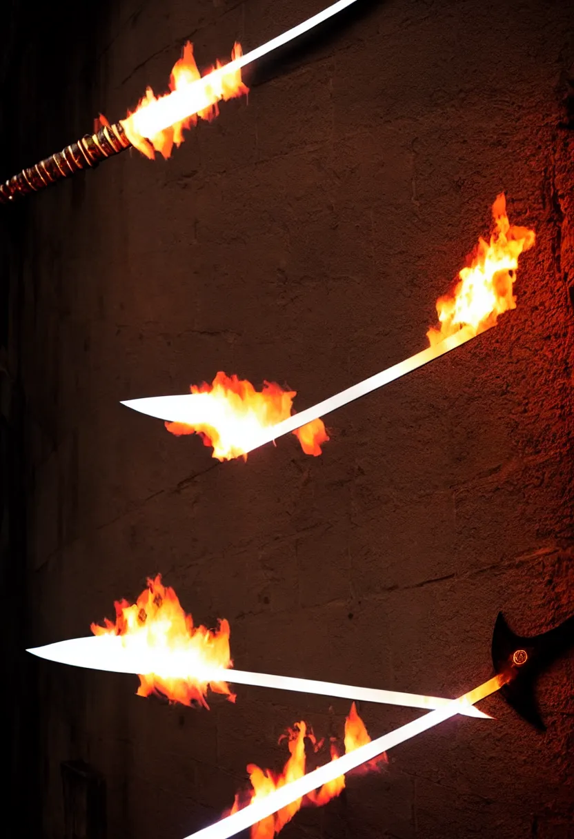 Prompt: photo of a magical fantasy longsword displayed on a wall. the sword is glowing with hot fire power and giving off a subtle black smoke.