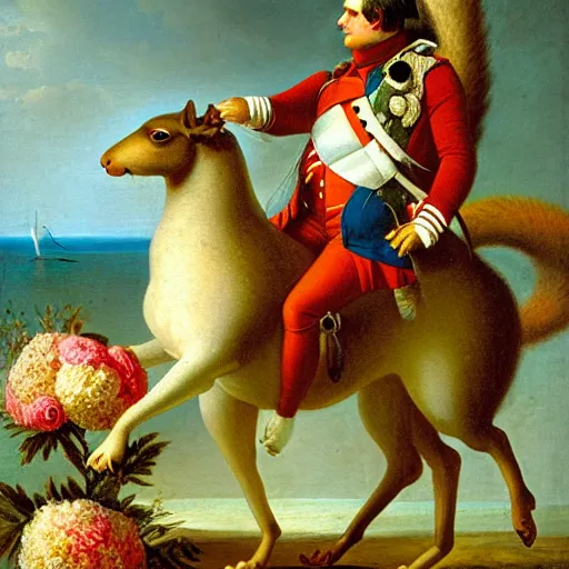 Image similar to a giant squirrel carrying napoleon bonaparte on its back, beach scene with flowers and foliage, detailed oil painting