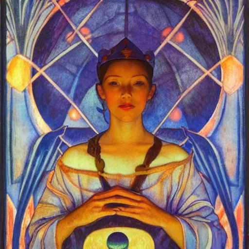 Prompt: the dawn queen with her lantern, by annie swynnerton and diego rivera and nicholas roerich, symbolist, dramatic lighting, elaborate geometric ornament, art brut, smooth, sharp focus, extremely detailed, leo and diane dillon, adolf wolfli, soft pastel colors