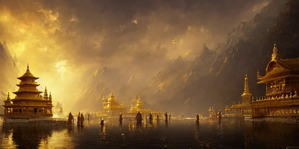 Image similar to a fantasy golden temple city, light shafts, golden aura, monks in robes, epic atmosphere, by greg rutkowski, nature by asher brown durand
