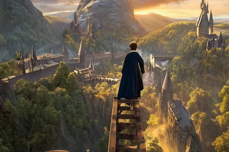 Image similar to Harry potter looking down to Hogwarts, happy after a long fight, photo-realistic, golden hour, epic