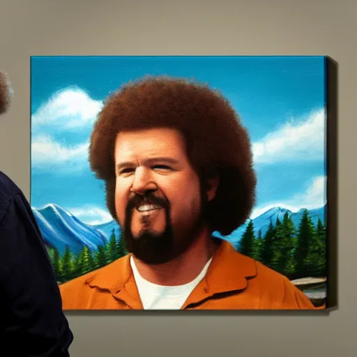 Prompt: a closeup photorealistic photograph of bob ross crafting an image of kenny powers baseball, a painting on a canvas. mountains and trees. film still. brightly lit scene. this 4 k hd image is trending on artstation, featured on behance, well - rendered, extra crisp, features intricate detail, epic composition and the style of unreal engine.