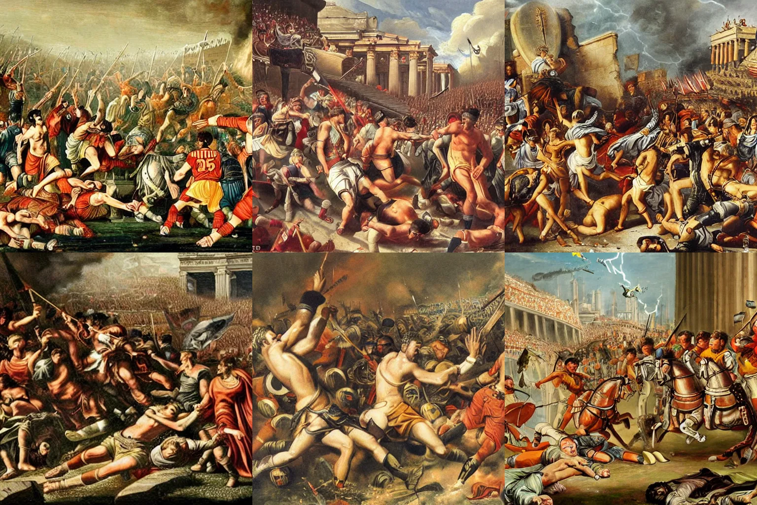 Prompt: a highly detailed painting of the fall of the Roman empire getting stormed by football hooligans
