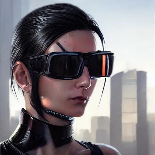 Prompt: portrait of a young trained female cyberpunk assassin, implanted sunglasses, augmentation, black hair, dramatic light, city background, sunset, high contrast, sharp, painted by stanley lau, painted by greg rutkowski, painted by stanley artgerm, digital art, trending on artstation