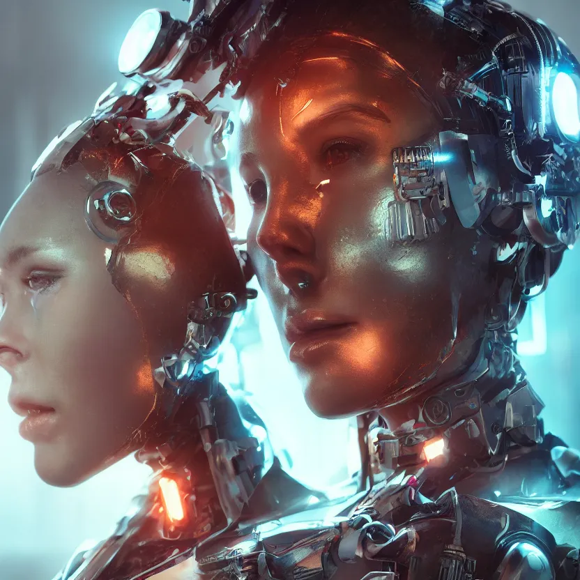 Prompt: hyperrealistic mixed media photo of a cyborg girl, dim volumetric lighting, 8 k octane beautifully detailed render, post - processing, portrait, epic composition, cinematic lighting, masterpiece, trending on artstation, very very detailed, stunning