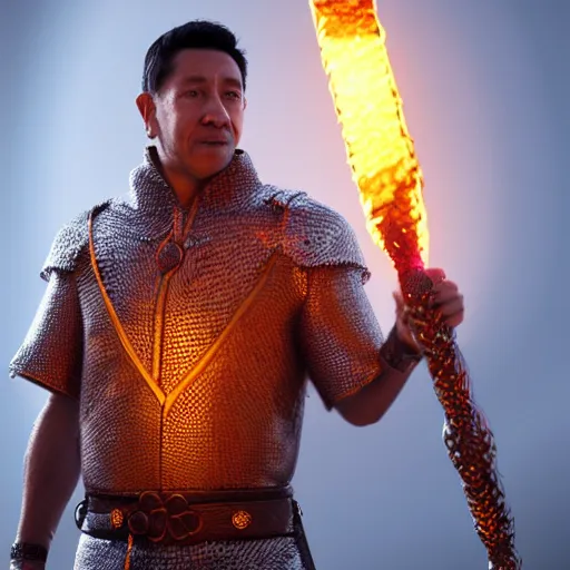 Prompt: Nolberto Solano wearing chainmail tunic holding a glowing fire magical staff. Trending on Artstation, octane render, ultra detailed, art by Ross tran