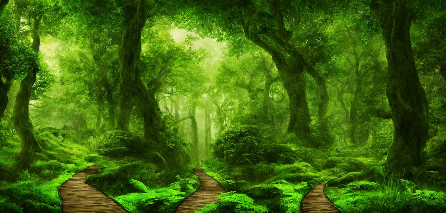 Prompt: a wooden path in the middle of a lush green forest, a detailed matte painting by john eyre, shutterstock contest winner, magical realism, enchanting, matte painting, mystical