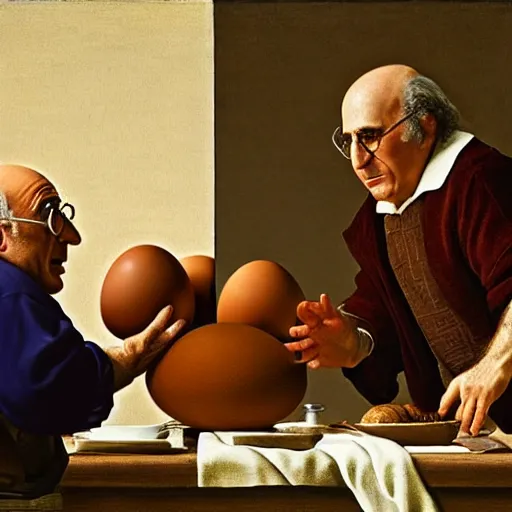 Image similar to danny devito and larry david fighting over a chair shaped like an egg, renaissance still life painting, masterpiece, realistic light and shadow, in the style of vermeer, highly detailed, photorealism