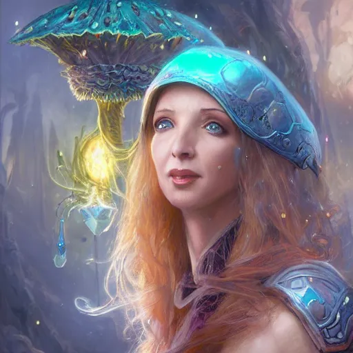 Prompt: lisa kudrow, mushroom kingdom, fantasy character portrait, concept art, sorceress, magical aura, bright, interesting angle, intricate details, highly detailed by greg rutkowski, gaston bussiere, simon bisley