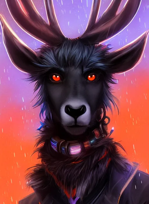 Image similar to award winning beautiful portrait commission of a male furry anthro Black Reindeer fursona with a tail, wings and a cute beautiful attractive detailed furry face wearing stylish black and orange cyberpunk clothes in a cyberpunk city at night while it rains. Character design by charlie bowater, ross tran, artgerm, and makoto shinkai, detailed, inked, western comic book art