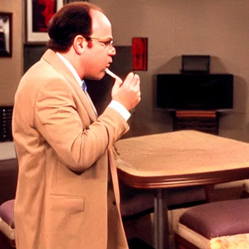 Prompt: George Costanza smoking a joint in a strip club, 8k, TV still, realistic