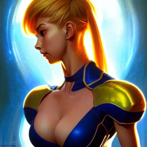 Image similar to portrait of Zero suit Samus as League of Legends character, digital illustration portrait, dark fantasy, medium shot, intricate, elegant, highly detailed, digital painting, volumetric light, artstation, concept art, smooth, sharp focus, illustration, art by Gil Elvgren and Greg Rutkowski and Alphonse Mucha