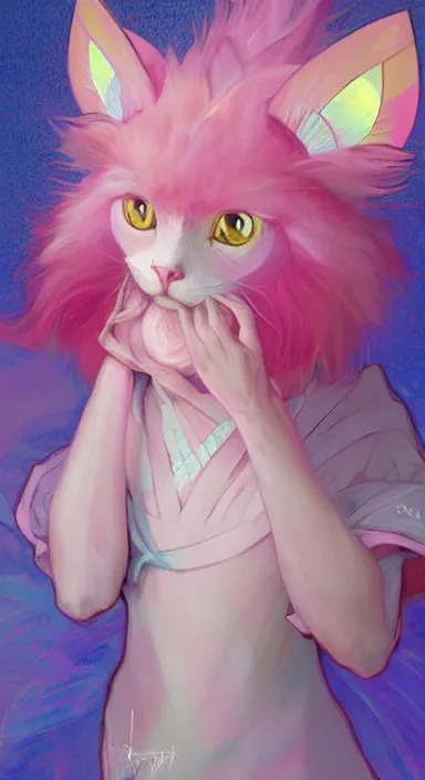 Image similar to Portrait of Youppi as a shiny pink and cyan legendary pokémon. Beautiful digital art by Greg Rutkowski and Alphonse Mucha. Cat ears