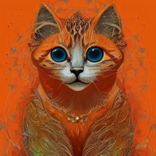 Image similar to A fuzzy orange cat sitting on planet earth, fantasy, intricate, ornate, Hyperdetailed, digital art, behance, artstation, smooth, sharp focus, bokeh, illustration, digital painting, elegant, symmetrical