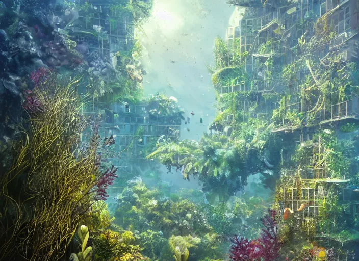 Image similar to overgrown foliage overtaking tall buildings, underwater environment, storefronts, coral, scenery, professional, award - winning, trending on artstation, detailed, realistic, beautiful, emotional, shiny, golden, picture