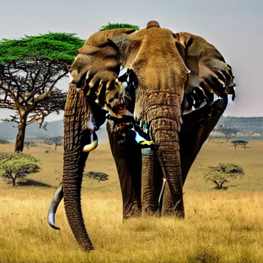 Prompt: a highly detailed panoramic photo of the serengeti. in the far background we see a small boy next to an elephant with an extremely long trunk. 8 k, super resolution