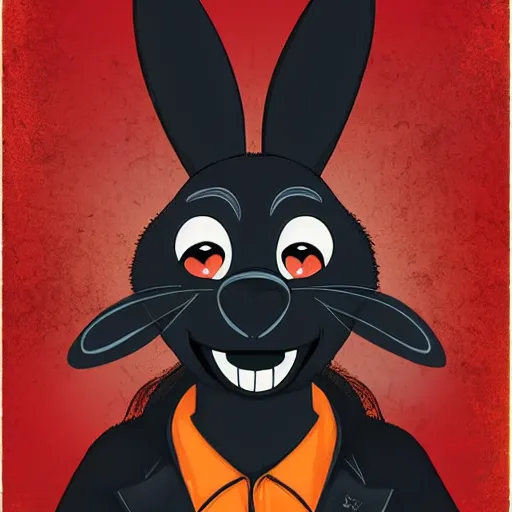 Image similar to A extremely highly detailed majestic hi-res beautiful, highly detailed head and shoulders portrait of a scary terrifying, horrifying, creepy black cartoon rabbit with scary big eyes, earing a shirt laughing, hey buddy, let's be friends, in the style of Walt Disney animation