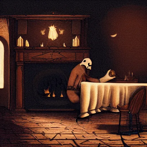 Prompt: interior night, a man is sitting on a couch next to a ouija board, looking vulnerable and lonely, surrounded by faceless invisible tender ghosts emerging from the hearth to reach for him