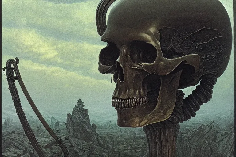 Image similar to intricate, smooth metallic skull atop coil of thick pipes, interior room, dark, style by caspar david friedrich and wayne barlowe and ted nasmith.