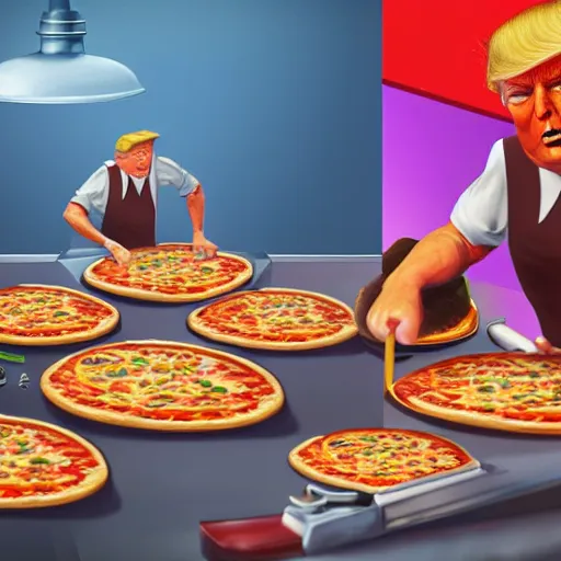 Prompt: a matte painting of trump making a pizza, vibrant, colorful, 4 k, artstation, cgsociety