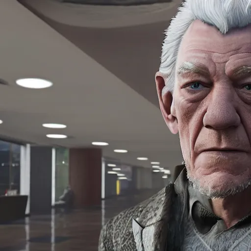 Prompt: Ian McKellen dressed as an evil wizard, holding walking stick, standing in lobby of office building, style of GTA V, octane render