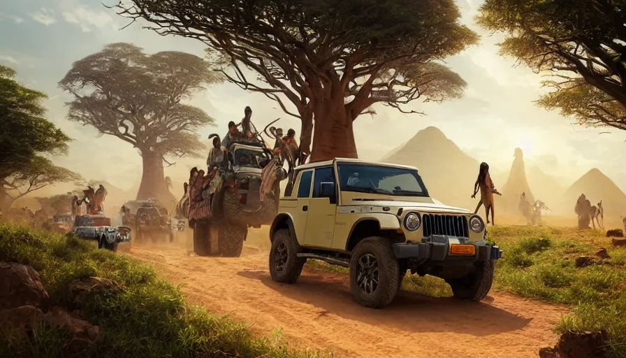 Image similar to mahindra thar driving through madagascar with baobabs trees, tribe members chasing for an attach, action scene, an epic fantasy, artgerm and greg rutkowski and alphonse mucha, an epic fantasy, volumetric light, detailed, establishing shot, an epic fantasy, trending on art station, octane render, midsommar