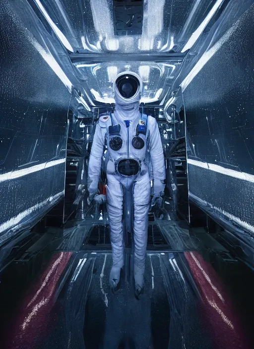 Prompt: symmetry concept art by craig mullins astronauts swim in futuristic dark and empty spaceship underwater. infrared glowing lights. complex and hyperdetailed technical suit. reflection and dispersion materials. rays and dispersion of light. volumetric light. 5 0 mm, f / 3 2. noise film photo. flash photography. unreal engine 4, octane render. interstellar movie art