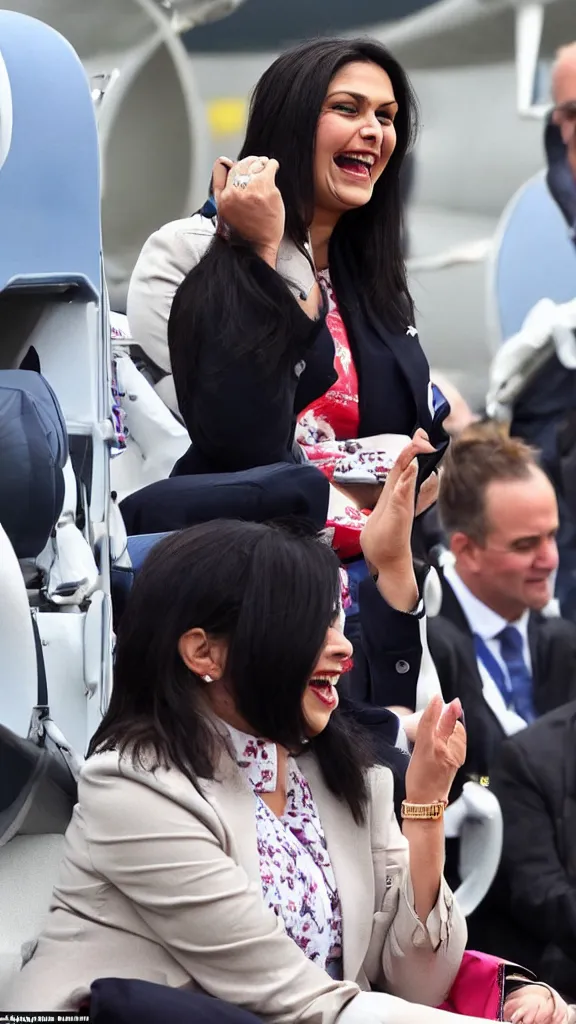 Image similar to priti patel laughing evilly while watching a plane take off at heathrow